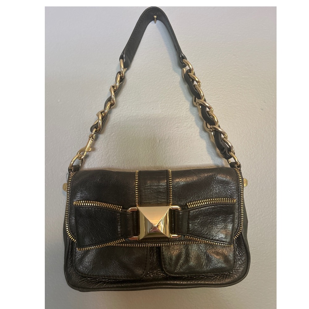 Betsey Johnson Black Leather Bow Shoulder Bag Gold Chain Y2K Grunge Vintage